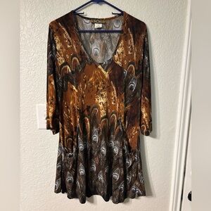 Lady Noiz Brown and Black Feather Print Tunic XL Boho